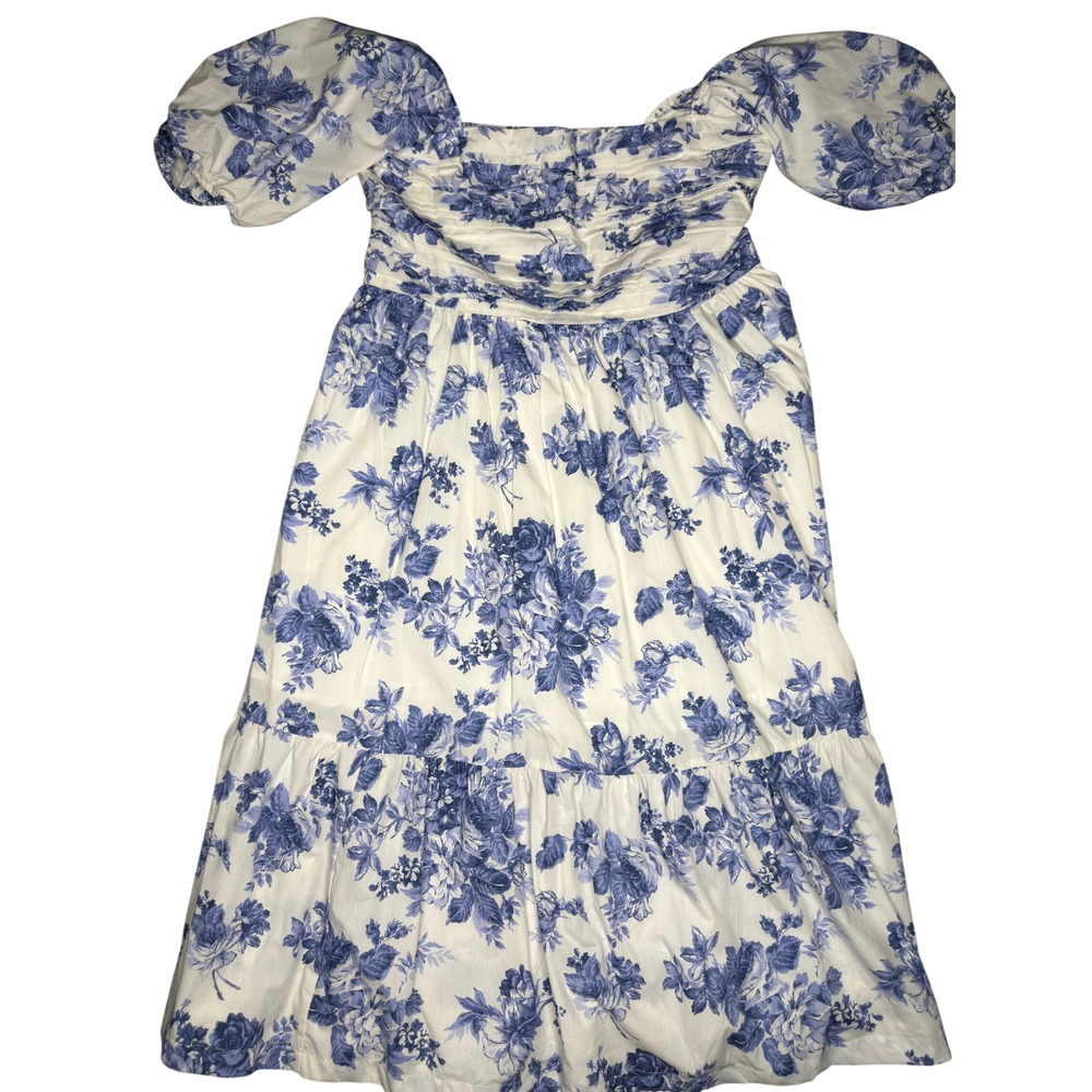 A&F Emerson Puff Sleeve Midi Dress XL Blue White Floral Toile Smocked Ruched